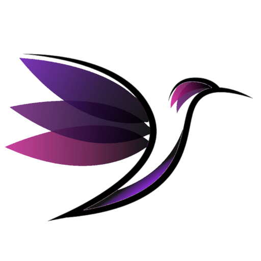 The Kolibri Company Logo. A contempary hummingbird with purple and pink wings